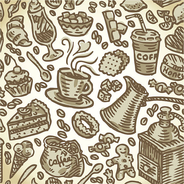 ilustrações de stock, clip art, desenhos animados e ícones de sem costura padrão de café - coffee bagel donut coffee cup