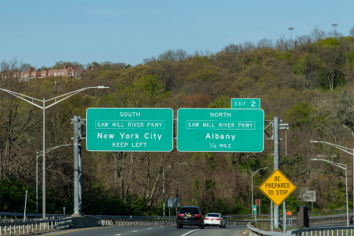 Directional road signs for State Routes 62 and 36 as well as Tionesta Laken Tionesta, Pennsylvania, USA on a sunny spring day