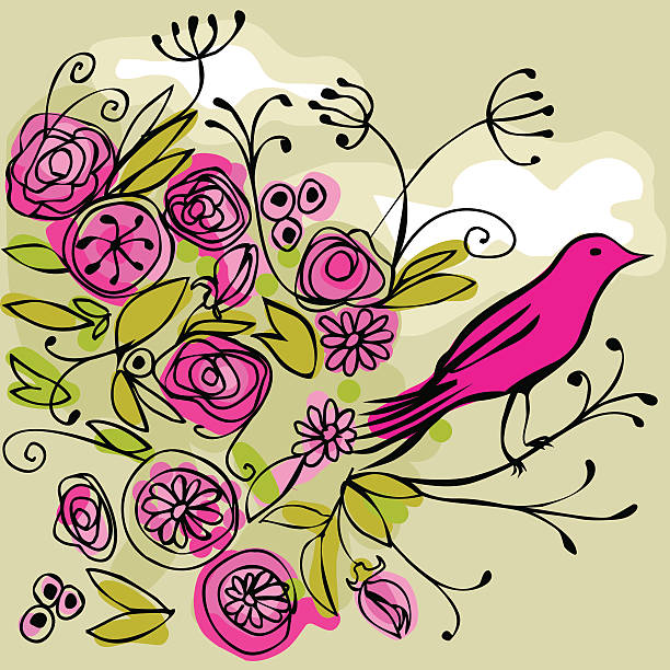 pink bird on a flowery branch vector art illustration