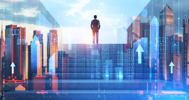 istock Man standing on stairs looking at wireframe city 1644418387