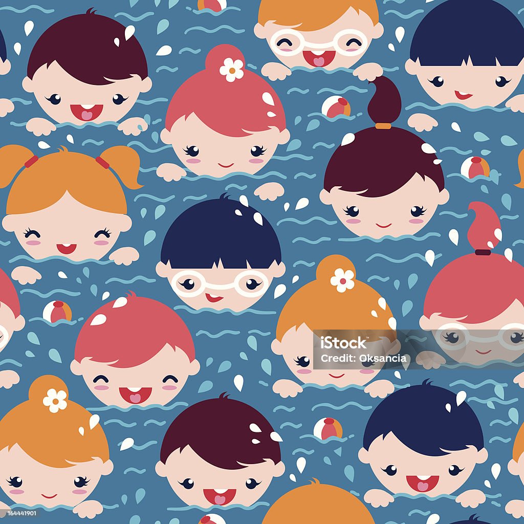 Children Swimming  Seamless Pattern Background "Vector  seamless pattern background with many happy characters of children swimming in water. Ai CS2, PDF, big JPEG and EPS8 files are included. Perfect for a kiddie party!" Activity stock vector