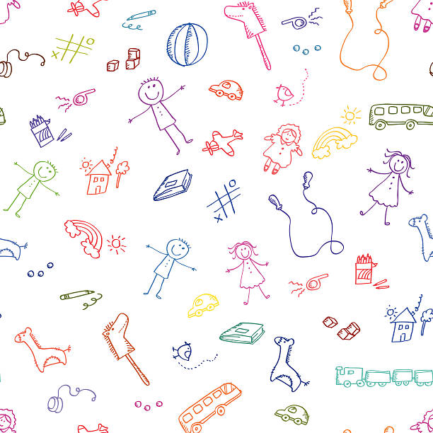 toys pattern seamless background with doodles of toys childs drawing stock illustrations