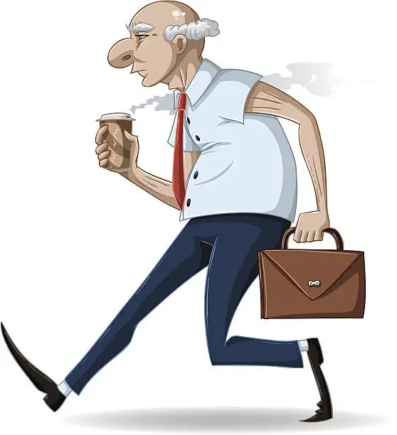 Vector illustration of Old Businessman Walks with Briefcase and Coffee