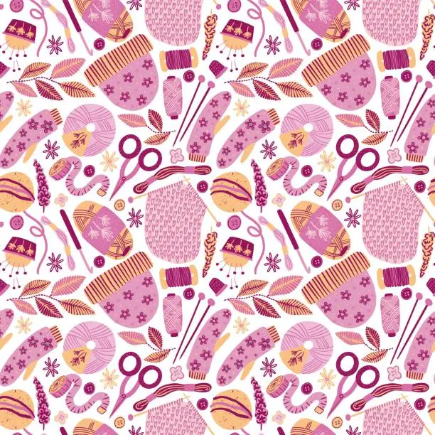 Vector illustration of Cute yarn pattern. Needle and crochet knitting. Fashion handmade hat and mitten. Nature leaves. Hand drawn pink wallpaper for retro fabric or embroidery shop. Vector seamless background