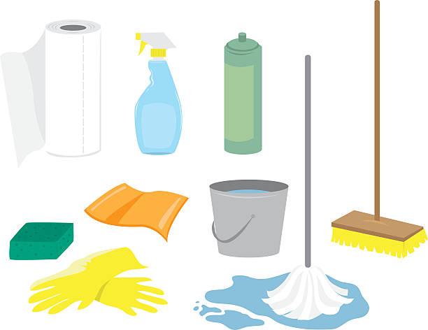 Several images of household cleaning supplies Various cleaning supplies including: window spray, sponge, paper towels, mop, broom, rag, gloves and bucket. paper towel stock illustrations