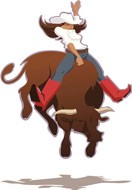 illustrazioni stock, clip art, cartoni animati e icone di tendenza di cowgirl equitazione bull - rodeo bull bull riding cowboy