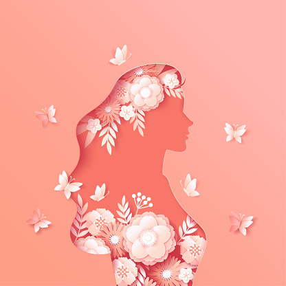 International Women Day. Paper cut girls head. 8 March happy holiday. Flowers and butterflies. Origami greeting card with love. Female spring celebration. Beautiful blossoms. Vector design background