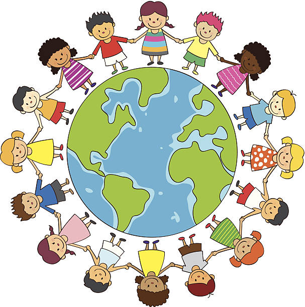 Illustration of children holding hands around the earth  children holding hands kids holding hands stock illustrations