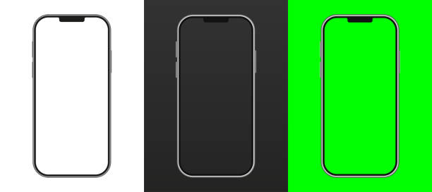 istock Isolated blank mobile phone mockup. Silver phone on a dark background. Mockup with green chroma key screen. Silver telephone on a white background. Modern smartphone white mockup. Vector illustration 1644433348