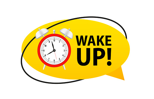 Alarm Clock with wake up inscription. Wake up time. Alarm Clock, bell. Getting up in the morning or waking up. Mechanical signaling device, clock, timer. Vector illustration