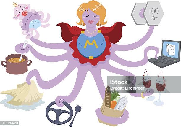 Super Mom As An Octopus Doing Many Different Tasks Stock Illustration - Download Image Now