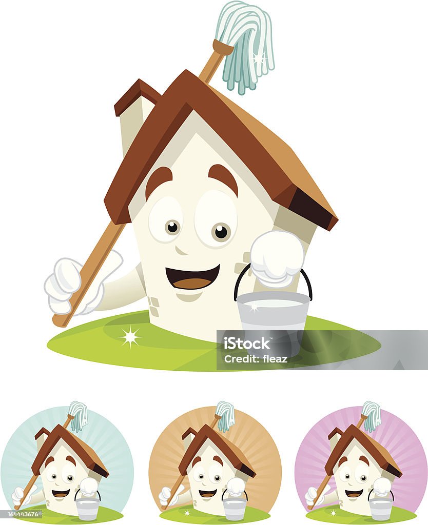 House Cartoon Mascot - holding mop House cartoon character illustration cleaning house with mop Architecture stock vector