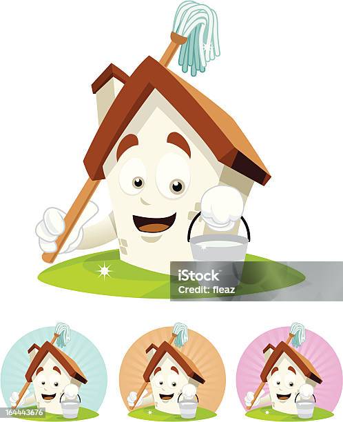 House Cartoon Mascot Holding Mop Stock Illustration - Download Image Now - Architecture, Bucket, Built Structure