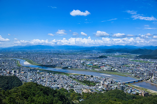 Cityscape of Gifu City, Gifu Prefecture, seen from Kinkazan Observatory on a sunny day
