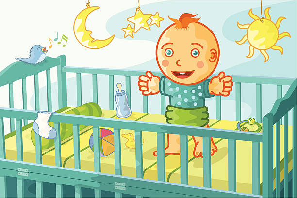 happy baby in crib vector art illustration