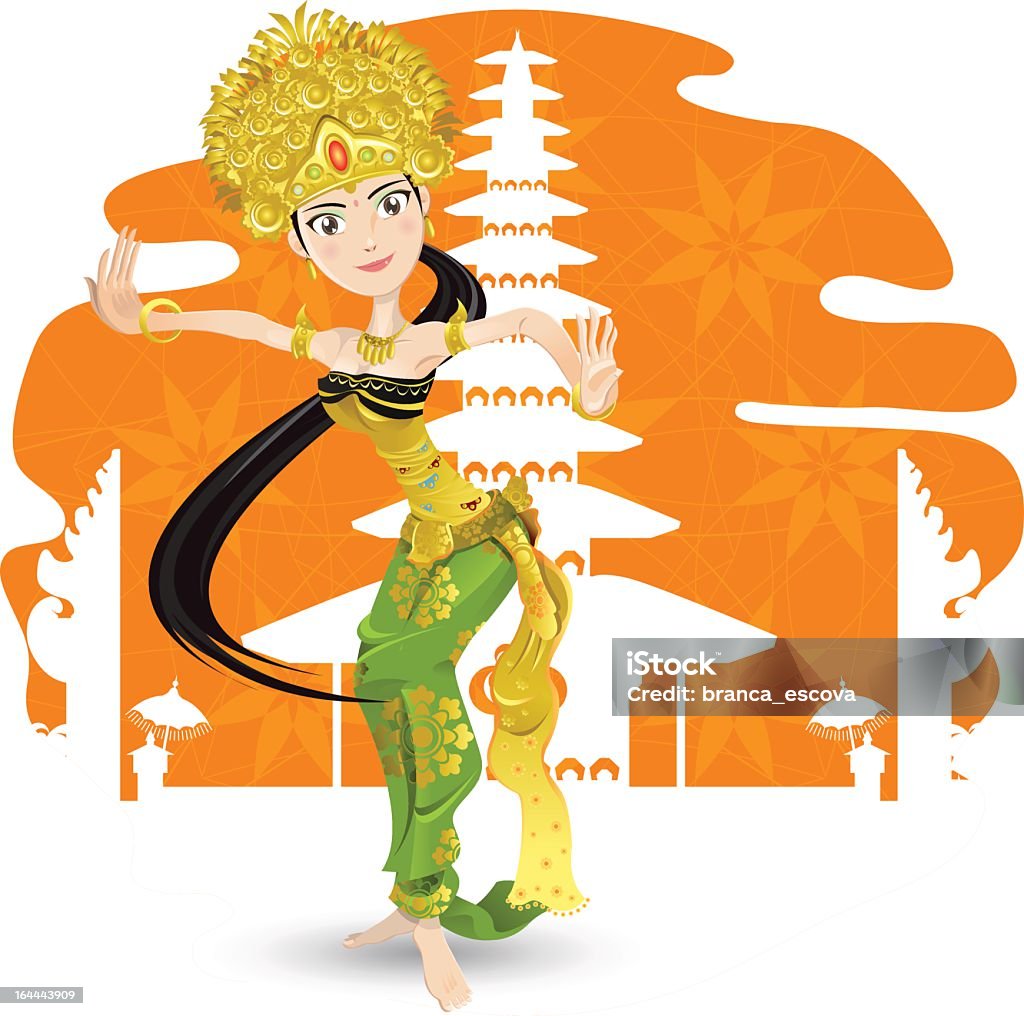 Illustration of a female Balinese dancer An Illustration Of Beautiful Balinese Dancer With Background Of Pura, Hindhuism Temple, Performing An Traditional Dance Called “Tari Bali” . Useful As Illustration And Background For Art, Sales, Promo And Travel Issues. Dancing stock vector