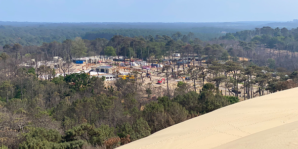 Reconstruction site of the Pyla Camping after the forest fire of July 2022 in La Teste de Buch, France