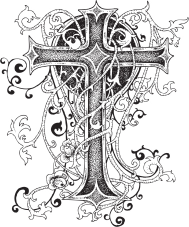 Black and white hand drawn cross ornament design.