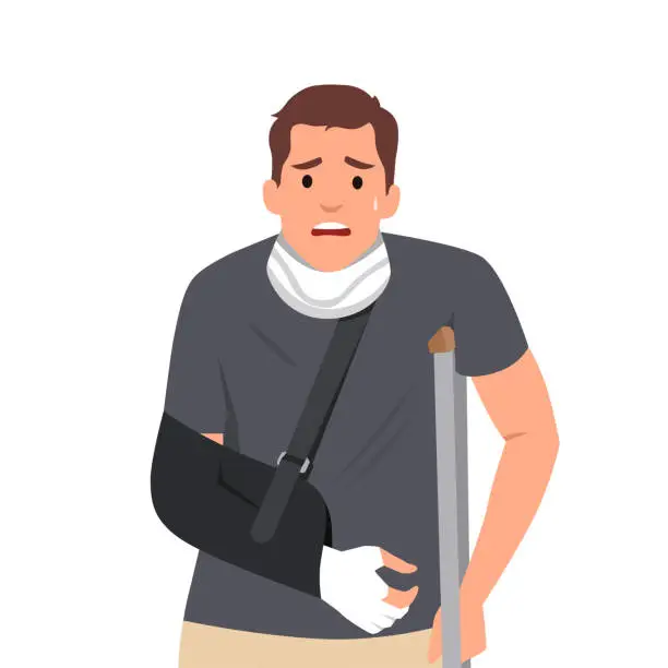 Vector illustration of Sad and happy man with a broken arm and leg in a cast with a crutch and a fixing collar around his neck. Fracture limb. Injury.