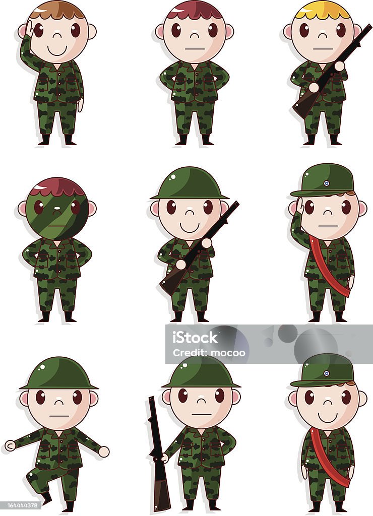 Niño de historieta conjunto de iconos de soldado - arte vectorial de Cuerpo de policía libre de derechos