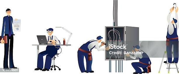 Ilustración de Hombres De Trabajo y más Vectores Libres de Derechos de Electricista - Electricista, Trabajo en equipo, Ingeniero