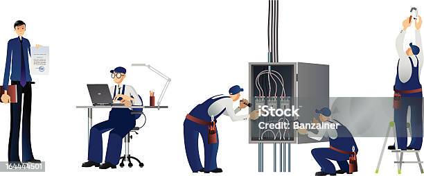 Praca Mężczyzn - Stockowe grafiki wektorowe i więcej obrazów Elektryk - Elektryk, Praca zespołowa, Dowcip rysunkowy