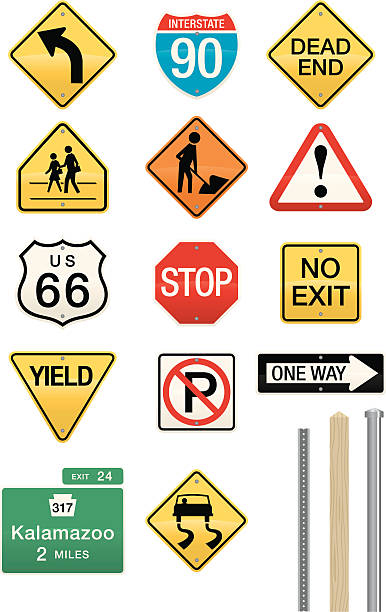 Set of 14 Highway Sign Vectors Vector illustrations of a wide assortment of street and highway signs. Includes three different post styles which work with all of the signs. Easily editable colors and shapes. Use as is or drop in your own text. street sign stock illustrations