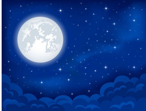 Moonlight "Night background, Moon, Clouds and shining Stars on dark blue sky, illustration" space milky way star night stock illustrations