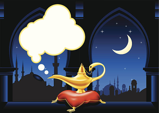 ilustraciones, imágenes clip art, dibujos animados e iconos de stock de lámpara mágica y árabe de los edificios de la ciudad - magic lamp genie lamp smoke