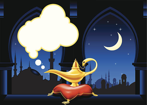 illustrazioni stock, clip art, cartoni animati e icone di tendenza di lampada magica e arabo skyline della città - magic lamp genie lamp smoke