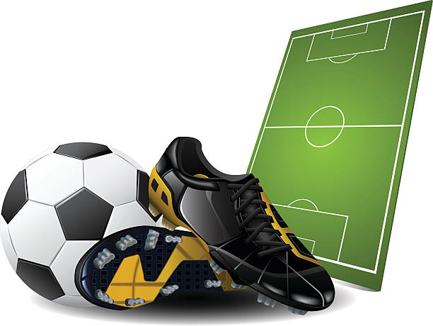 Graphic images of soccer field, cleats and ball Soccer boots, ball and field. Vector. football boot stock illustrations