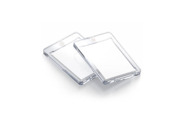 istock Blank transparent plastic trading card mockup, side view 1644460254