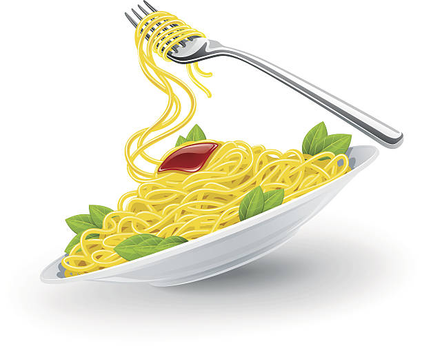 italian pasta in plate with fork Yellow italian pasta spaghetti in the white plate with fork. Vector illustration isolated on white background spaghetti stock illustrations