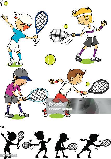 Ilustración de Niño Jugando Al Tenis Carácter y más Vectores Libres de Derechos de Color negro - Color negro, Movimiento, Niño