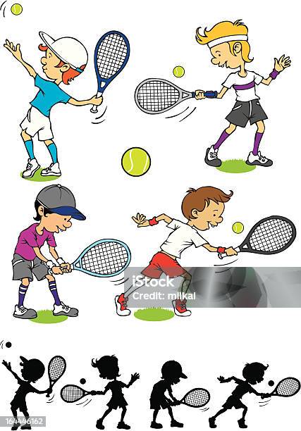 Chłopiec Gra Tenis Znaków - Stockowe grafiki wektorowe i więcej obrazów Czarny kolor - Czarny kolor, Dziecko, Ruch
