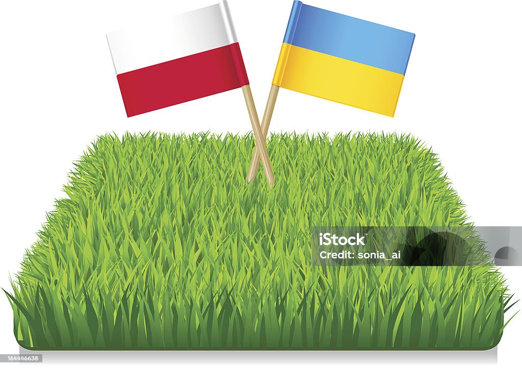 Euro 2012. Flagi Wykałaczka Ukrainie i w Polsce. Trawa zielony - Grafika wektorowa royalty-free (Bez ludzi)