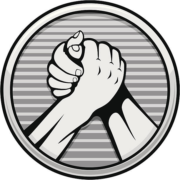 Arm wrestling icon Two hands icon in arm wrestling, gray round medal isolated on white background. arm wrestling stock illustrations