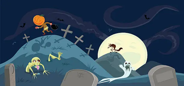 Vector illustration of Halloween Scene with Monsters and Creatures