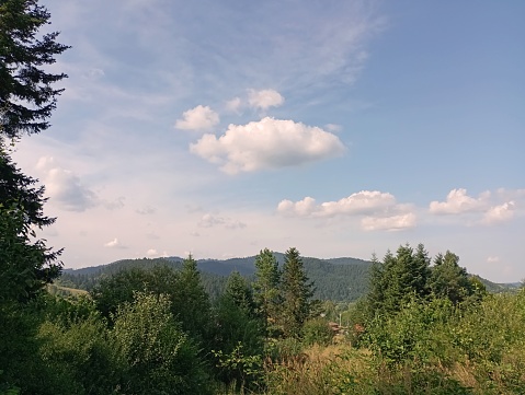 Landscape of the Ukrainian Carpathians. Mountain landscape on the background of a blue sky with calm clouds.