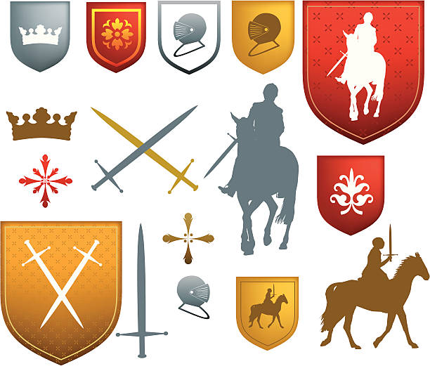 kolor średniowieczny, mediaeval i ikony symbolizujące - tudor style illustrations stock illustrations