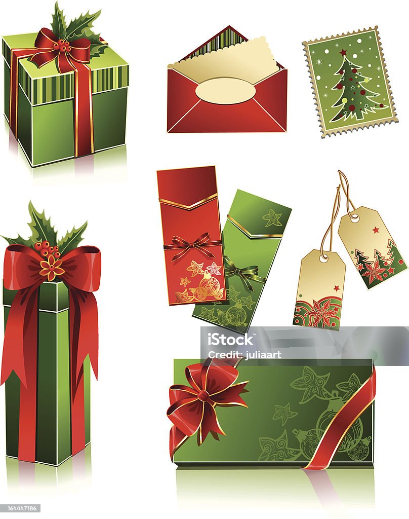 Conjunto de vectores de cajas de Navidad y tarjetas postales - arte vectorial de Acebo libre de derechos