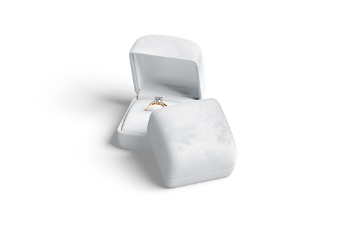 Blank white box with gold diamond ring stack mockup, 3d rendering. Empty opened and closed velure case with gemstone mock up, isolated. Clear compact package for wedding proposal template.