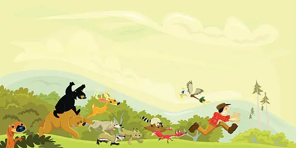 Vector illustration of Hunter Chased by a Group of Animals