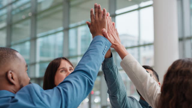 Business people, high five and teamwork, success or support of company mission, goals and solidarity. Professional group, circle meeting and employees for motivation, team building and hands together