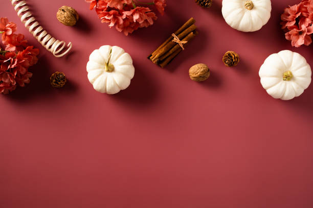 istock Autumn fall decorations, white pumpkins, walnuts, cinnamon sticks, pine cones on dark red table. Flat lay, top view. Happy Thanksgiving day banner template. 1644486630