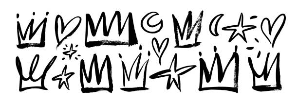 istock Doodle crowns, hearts, stars and moons in trendy childish style collection. 1644486978