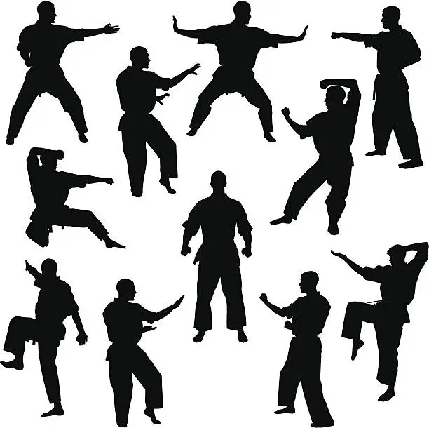 Vector illustration of Karate poses for many different men