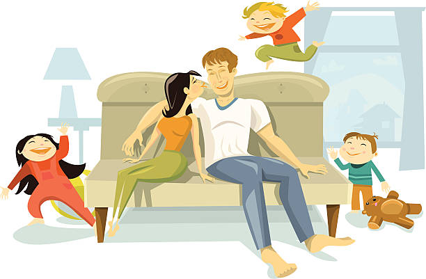 illustrazioni stock, clip art, cartoni animati e icone di tendenza di famiglia di trascorrere del tempo insieme - people living room mother son