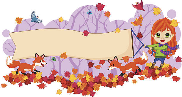 Fall Banner Happy red haired girl holding a banner announcing Fall Sale or Fall is Here! paved yard stock illustrations