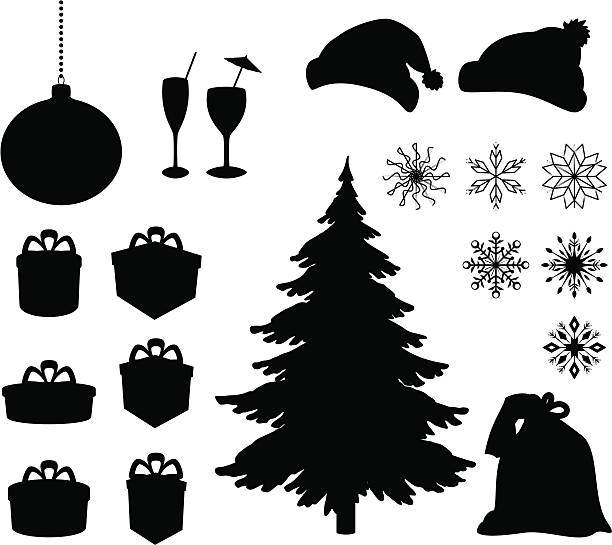 Christmas holiday objects Set Christmas holiday objects. Black silhouette on white background. Vector gift silhouettes stock illustrations